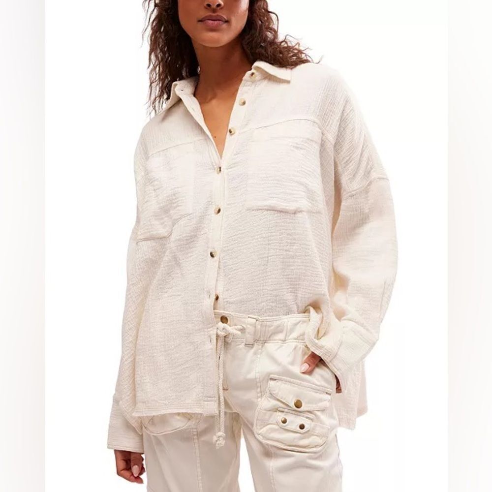 Free People Cream Button-Down Textured Shirt